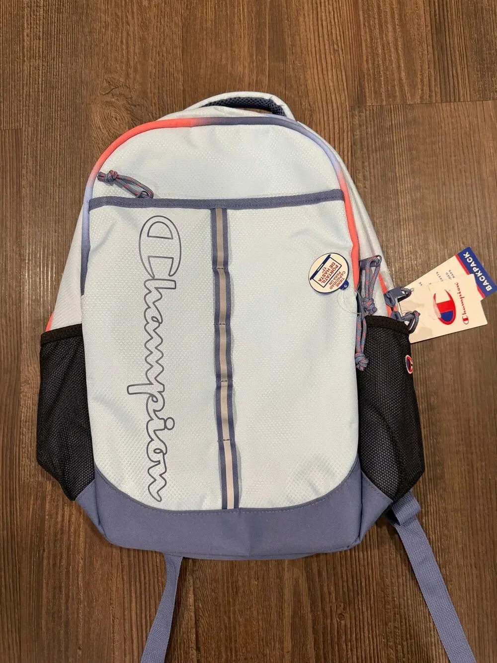 Champion Light Blue Backpack 17in Laptop Sleeve Reflective Padded Bottle Pockets